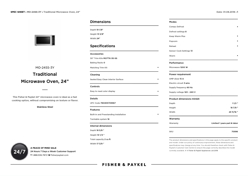 Page 1 de la notice Fiche technique Fisher & Paykel MO-24SS-3Y