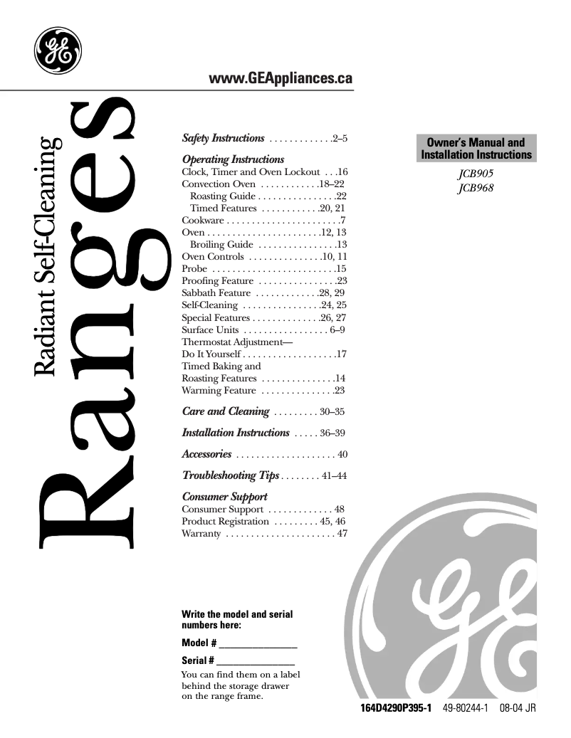 Page 1 de la notice Manuel utilisateur GE JCB905WJWW