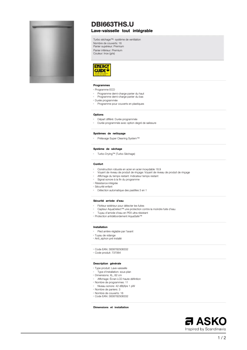 Page 1 de la notice Fiche technique Asko DBI663THS.U