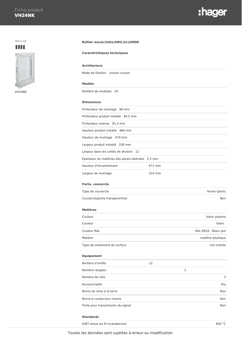 Page n°1 - Fiche technique Hager VH24NK