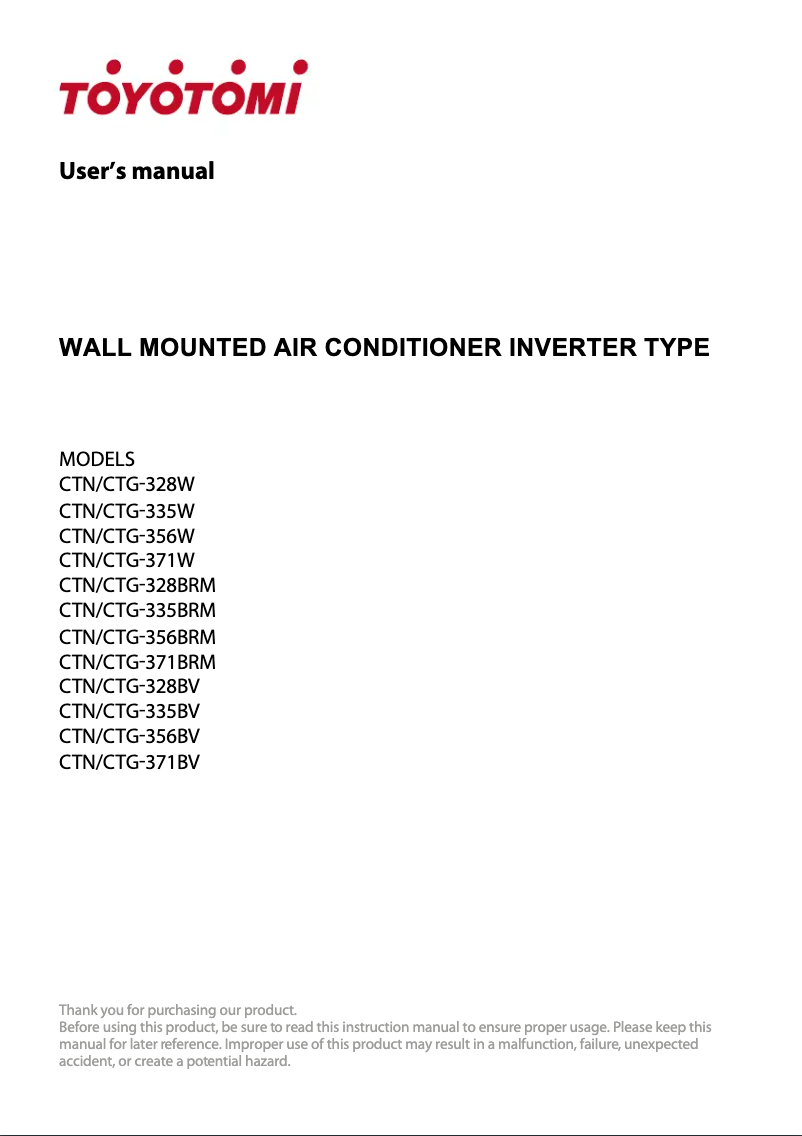 Page 1 de la notice Manuel utilisateur Toyotomi CTN/CTG-335W
