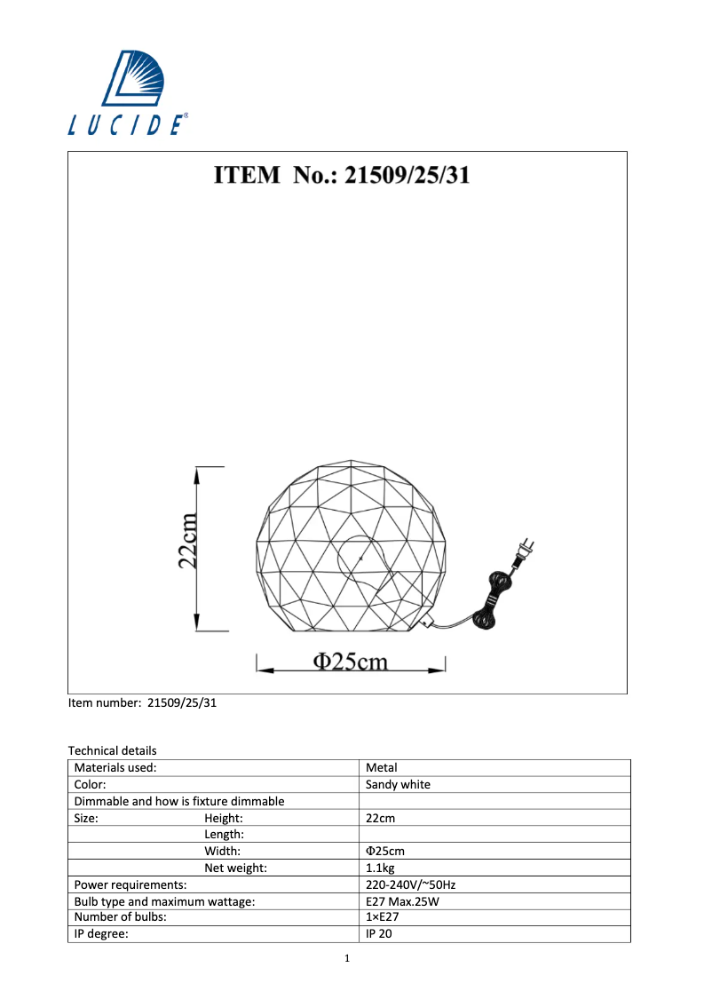 Page 1 de la notice Manuel utilisateur Lucide Otona 21509/25/31