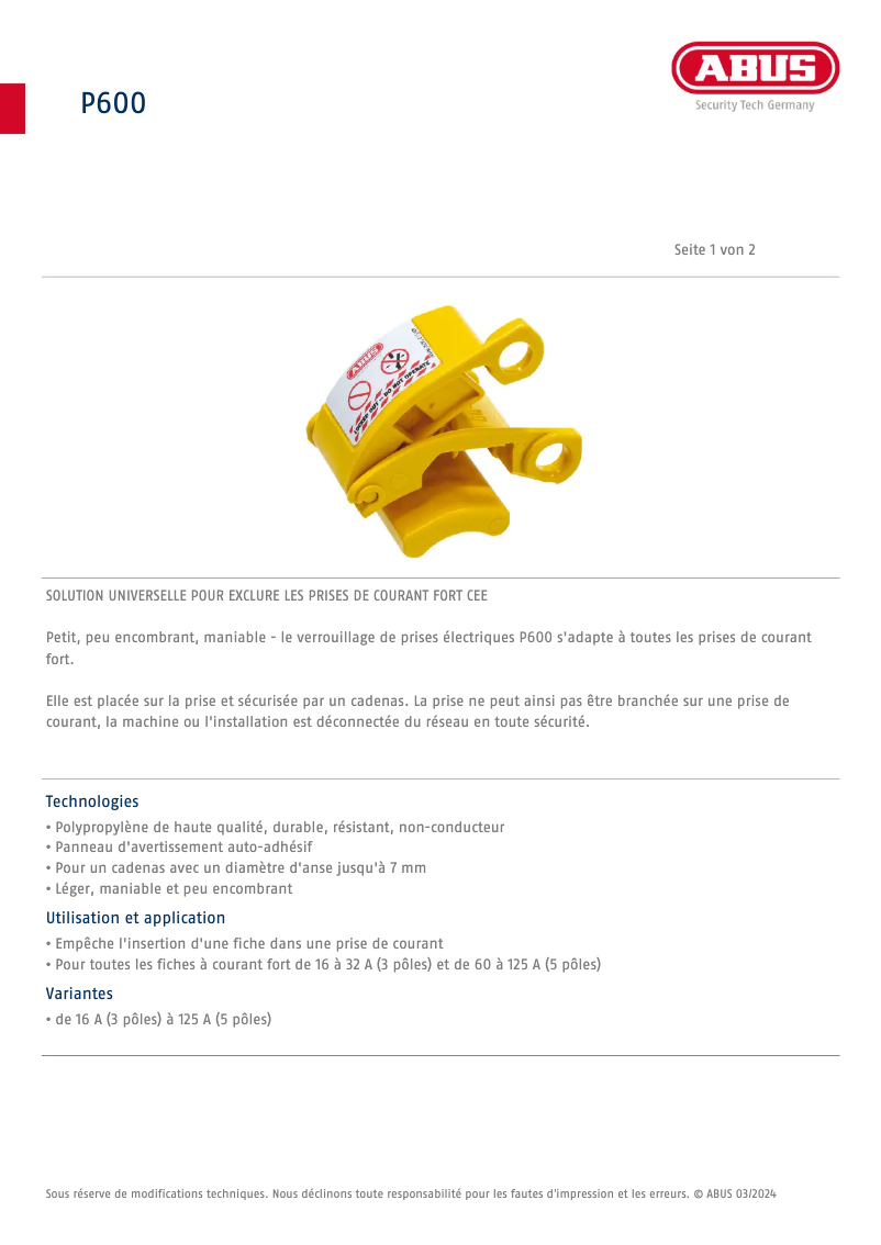 Page n°1 - Fiche technique Abus P600
