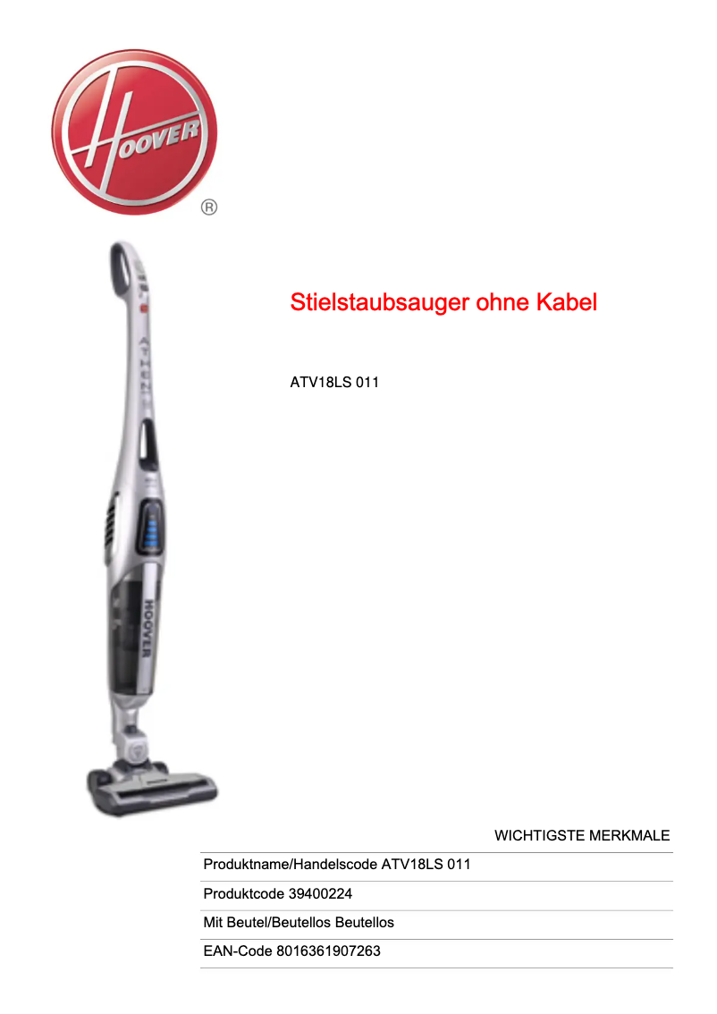 Page 1 de la notice Fiche technique Hoover ATV18LS 011