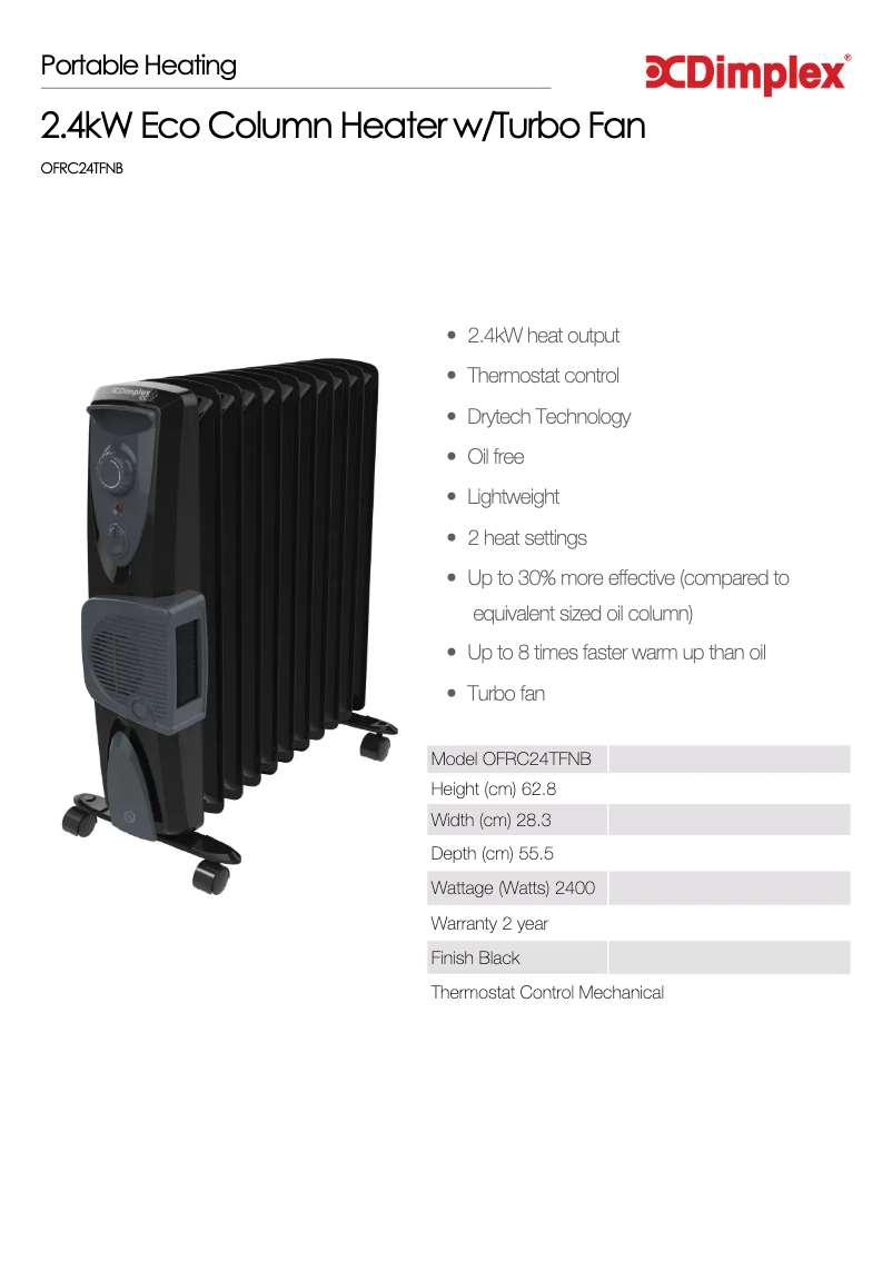 Page 1 de la notice Fiche technique Dimplex OFRC24TFNB