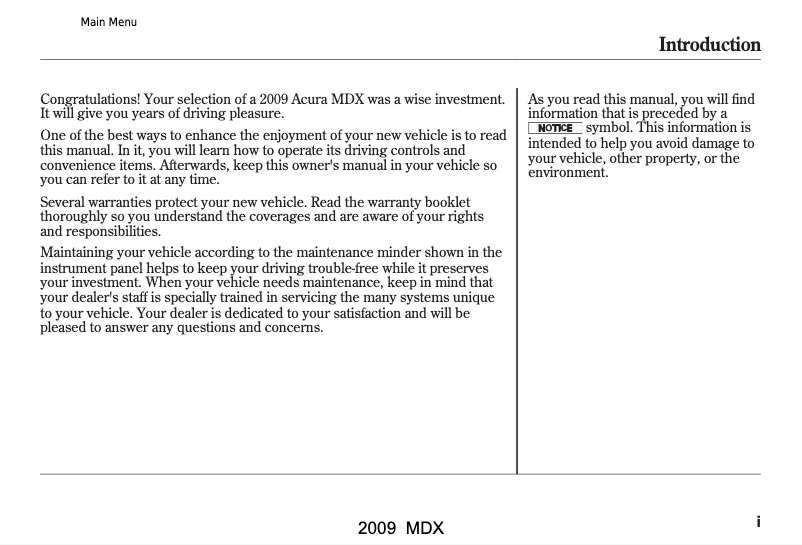 Page n°1 - Manuel utilisateur Acura MDX (2009)