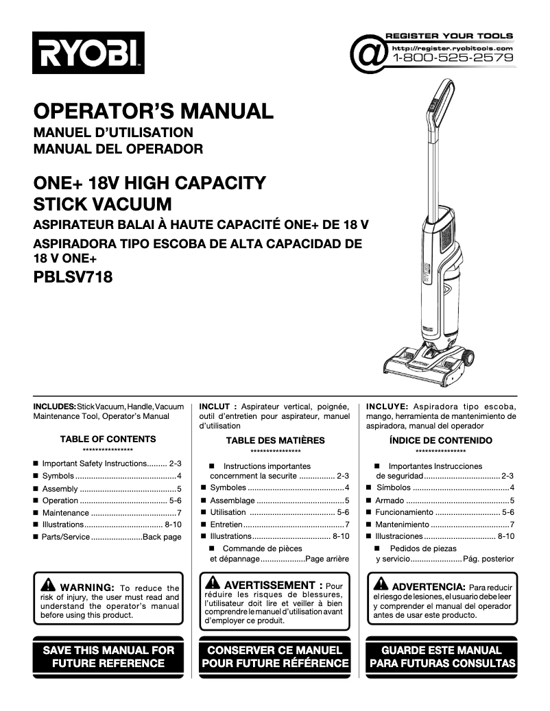 Page 1 de la notice Manuel utilisateur RYOBI One+ PBLSV718