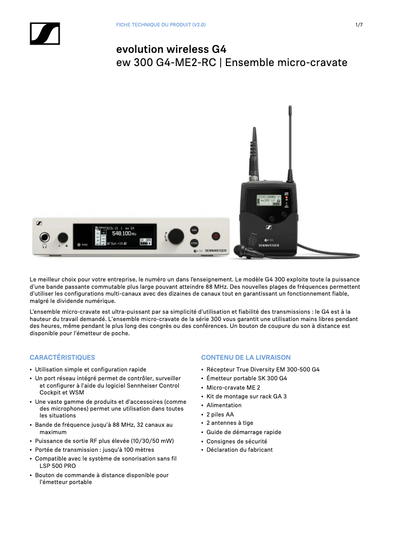 Page 1 de la notice Fiche technique Sennheiser SK 300 G4-RC
