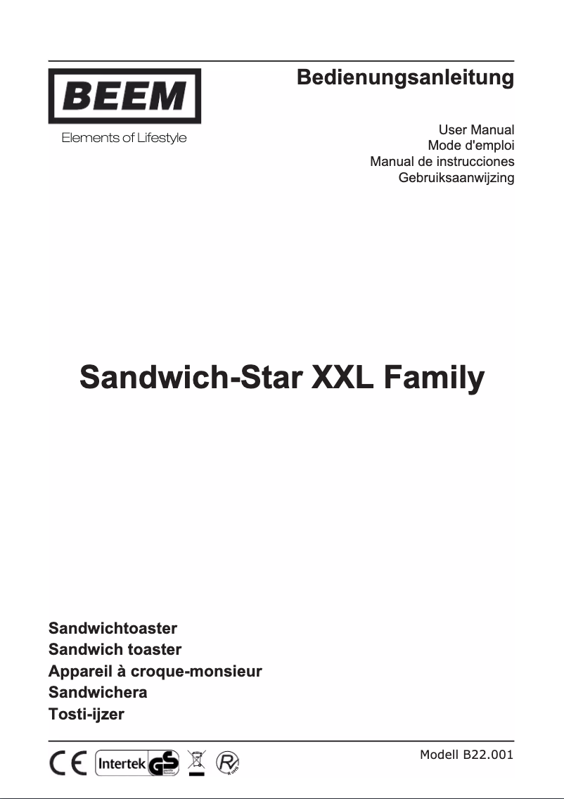 Page 1 de la notice Manuel utilisateur BEEM Sandwich-Star XXL Family
