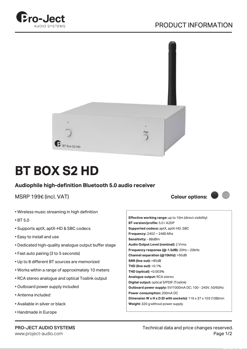 Page 1 de la notice Fiche technique Pro-Ject BT Box S2 HD