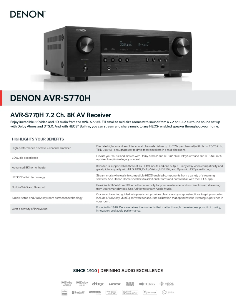 Página 1 del manual Ficha técnica Denon AVR-S770H
