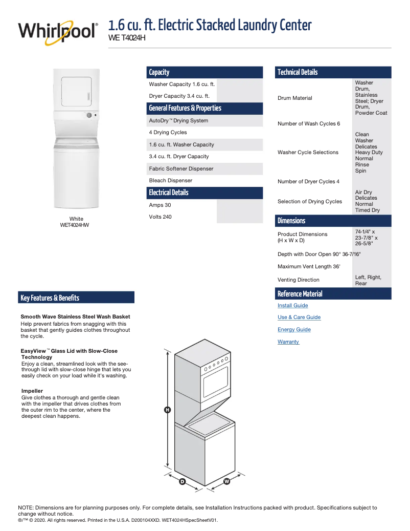 Page 1 de la notice Fiche technique Whirlpool WET4024HW