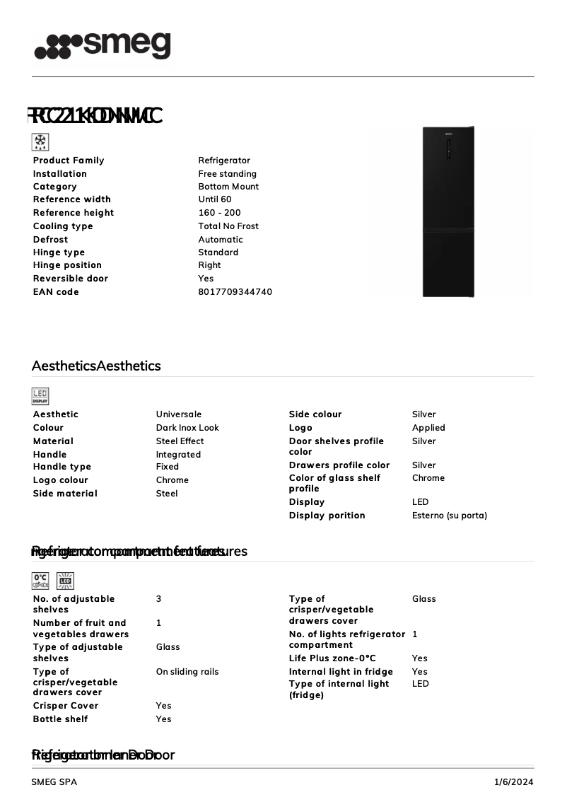 Page 1 de la notice Fiche technique Smeg RC21KDNMC
