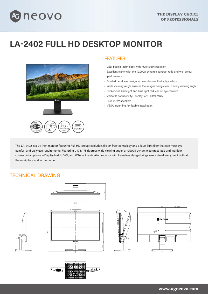 Page 1 de la notice Fiche technique AG Neovo LA-2402