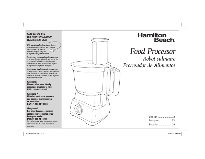 Page 1 de la notice Mode d'emploi Hamilton Beach 70740