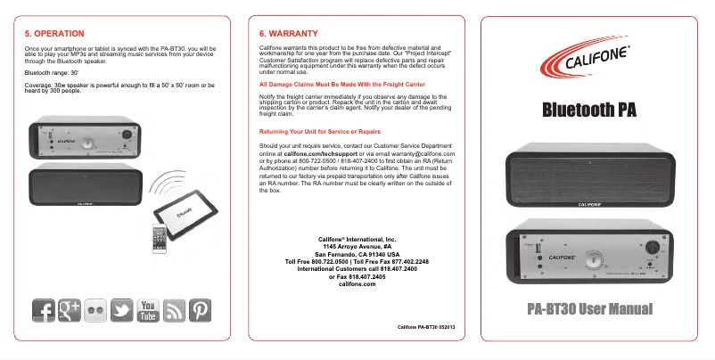 Page n°1 - Manuel utilisateur Califone PA-BT30