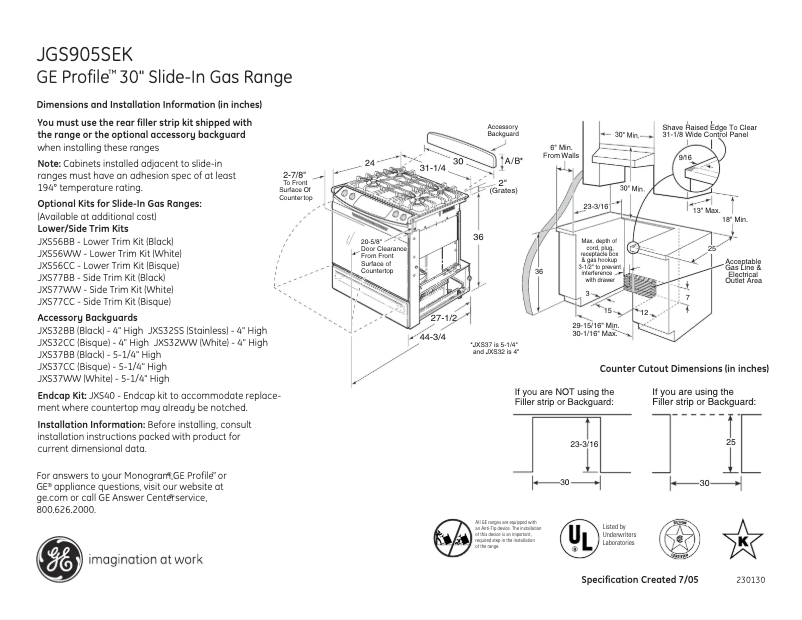 Page n°1 - Fiche technique GE Profile JGS905SEKSS