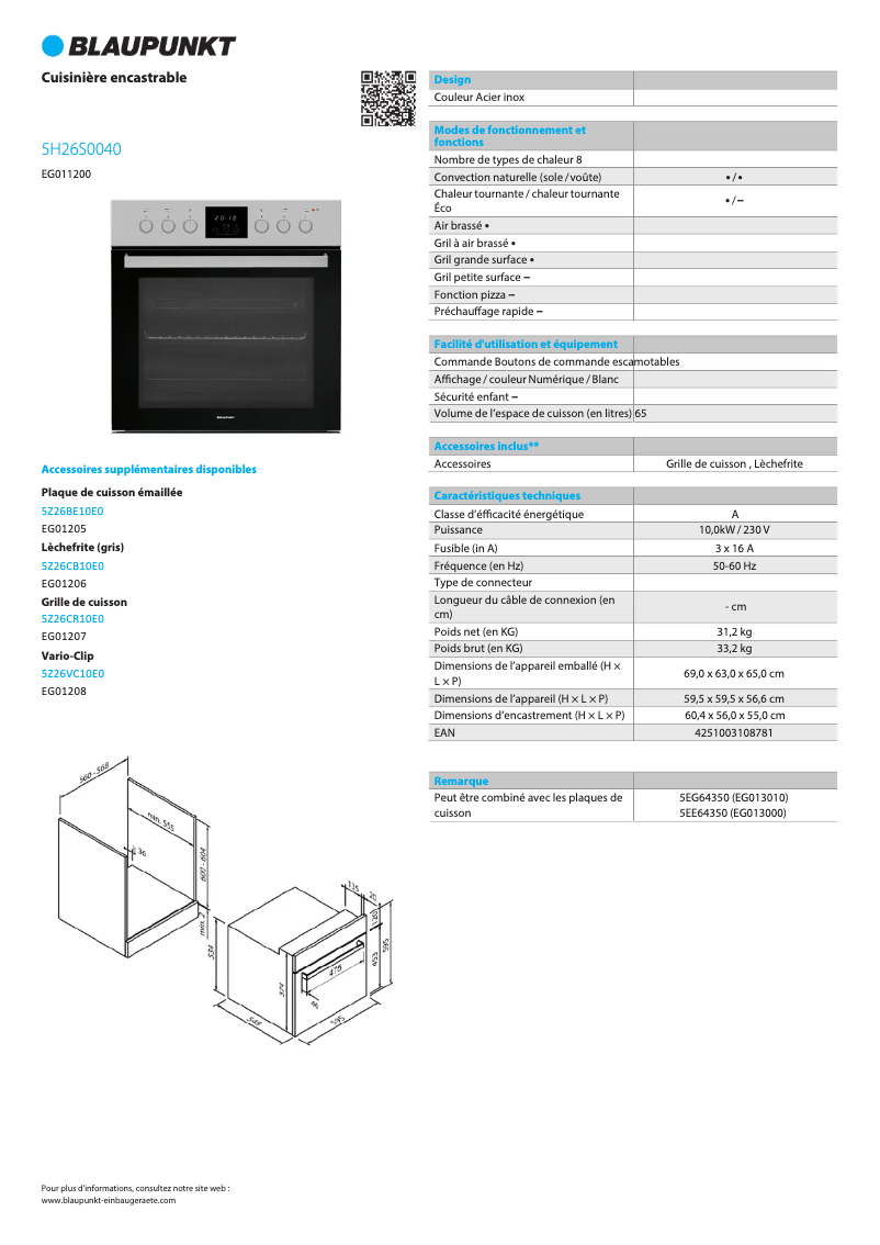 Página 1 del manual Ficha técnica Blaupunkt 5H26S0040