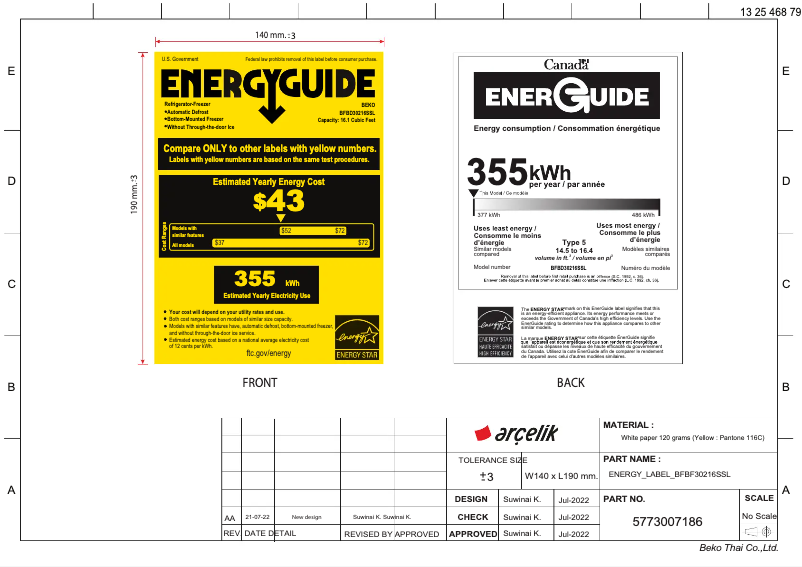 Page n°1 - Label énergétique Beko BFBD30216SSL