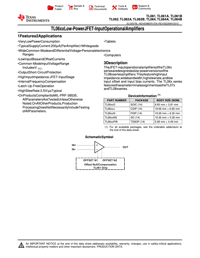 Page 1 de la notice Manuel utilisateur Texas Instruments TL064BCN