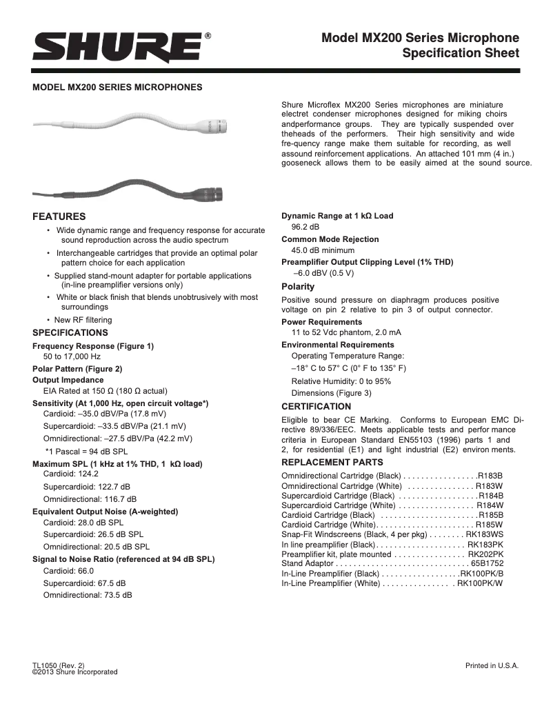 Page n°1 - Fiche technique Shure Microflex Overhead MX202