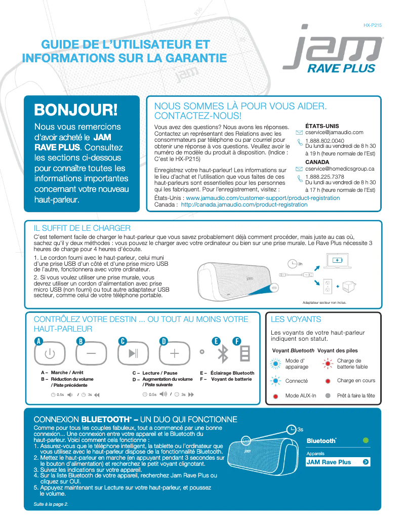 Page 1 de la notice Manuel utilisateur Jam Rave Plus HX-P215