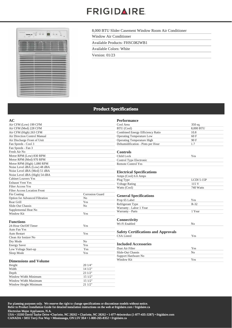 Page n°1 - Fiche technique Frigidaire FHSC082WB1