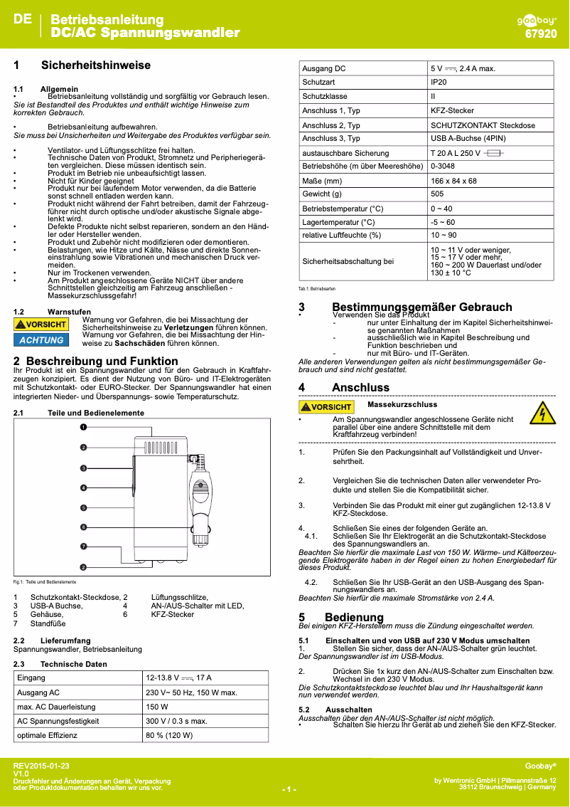 Page 1 de la notice Manuel utilisateur Wentronic Converter DC/AC