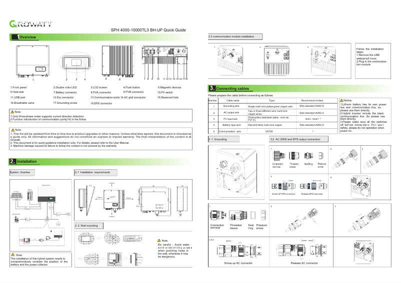 Page 1 de la notice Guide de démarrage rapide Growatt SPH 4000-10000TL3 BH-UP