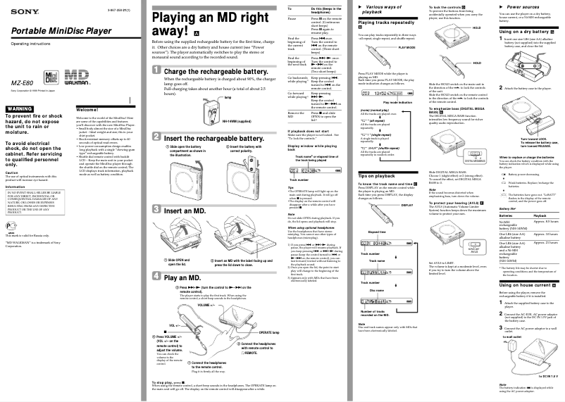 Image de la première page du manuel de l'appareil MZ-E80