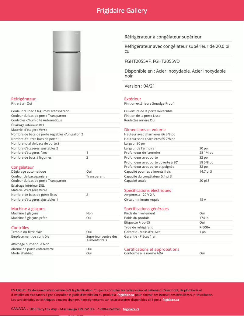 Página 1 del manual Ficha técnica Frigidaire FGHT2055VF