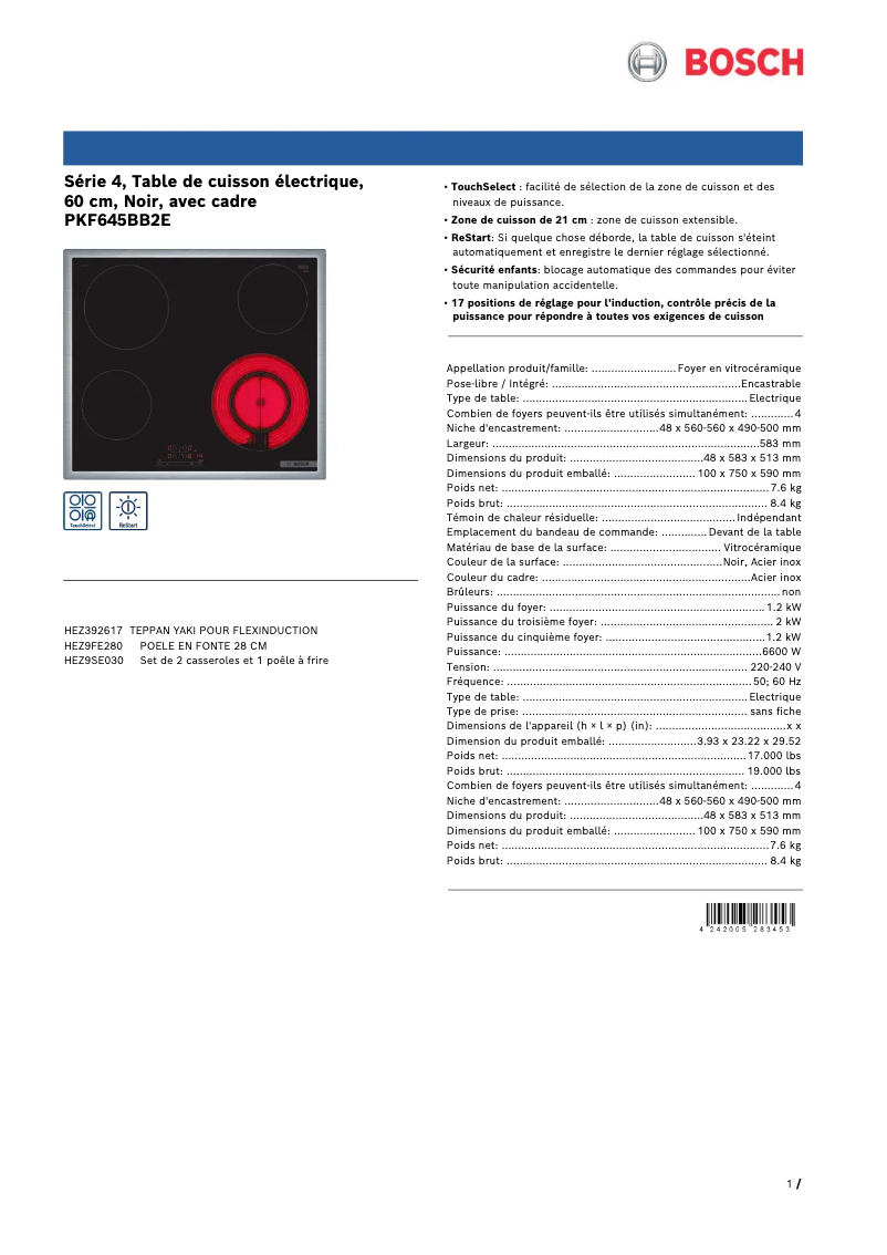Page 1 de la notice Fiche technique Bosch PKF645BB2E
