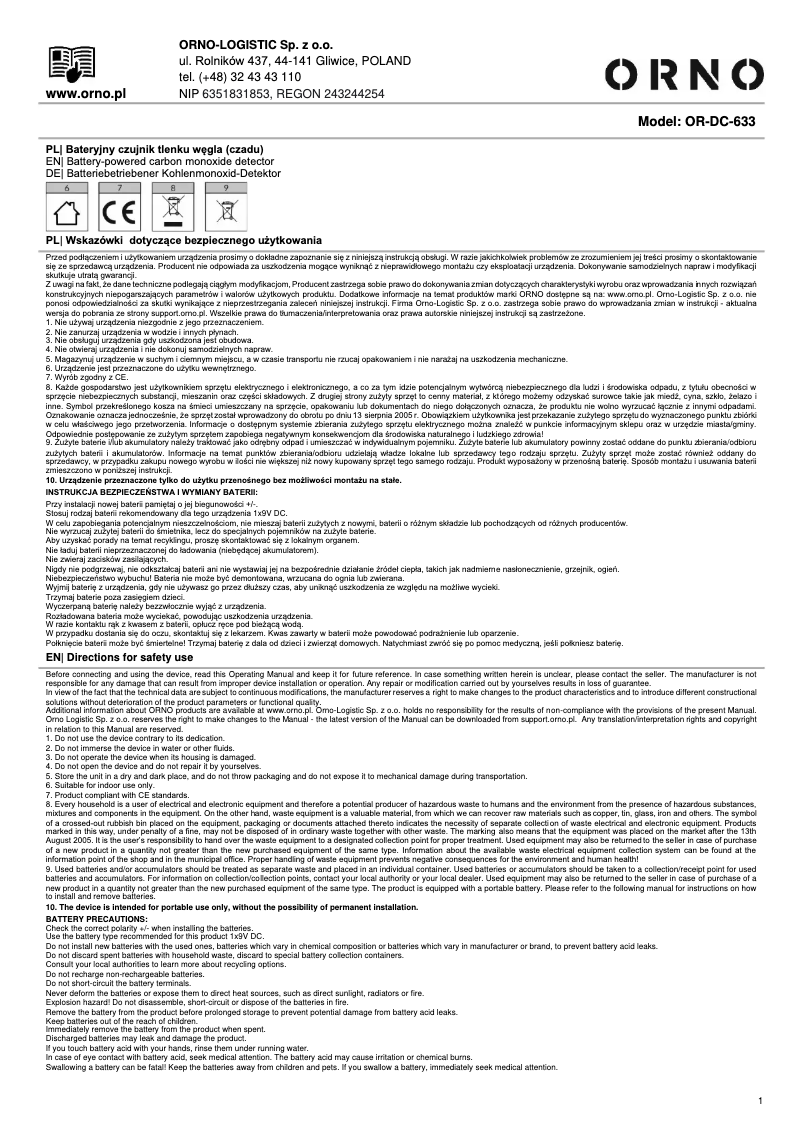Page 1 de la notice Manuel utilisateur ORNO OR-DC-633