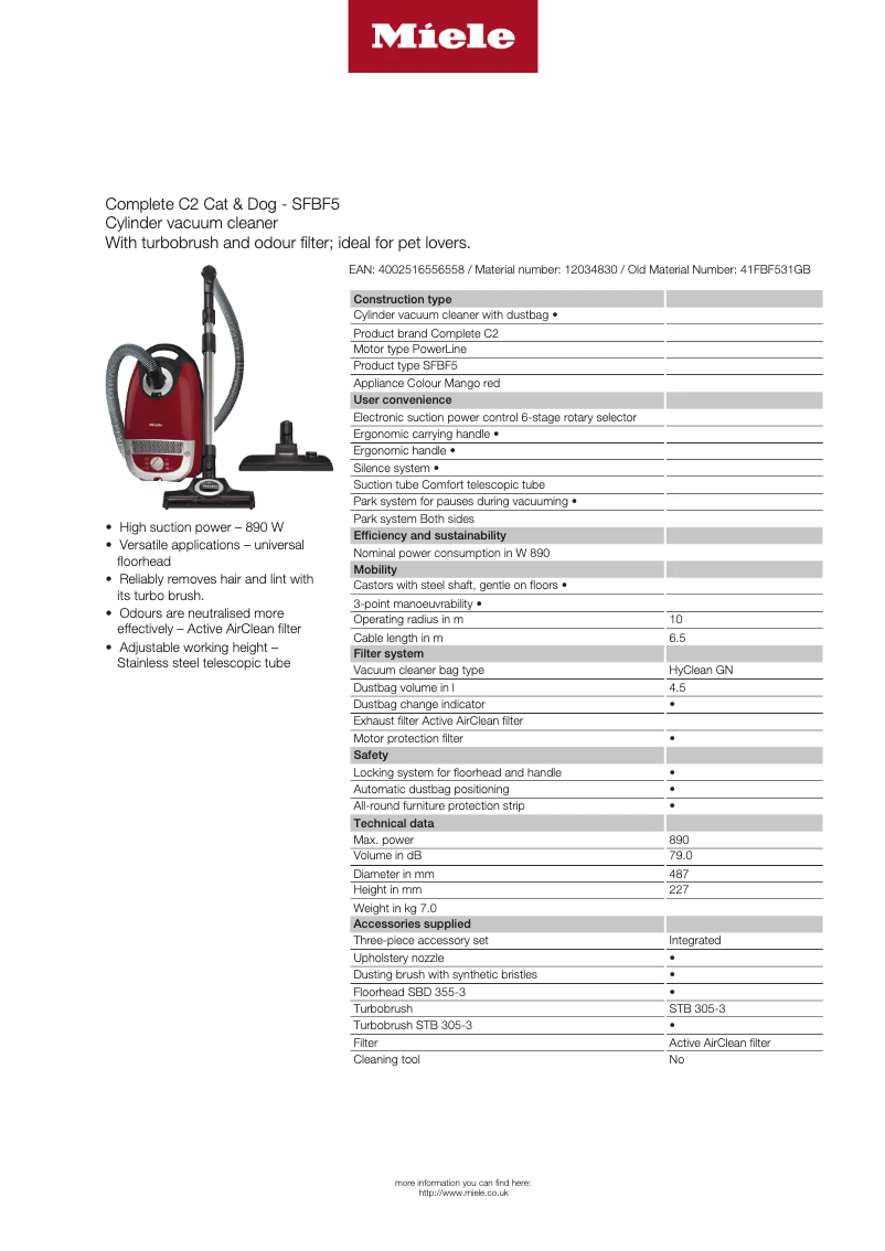 Page 1 de la notice Fiche technique Miele Complete C2 Cat & Dog