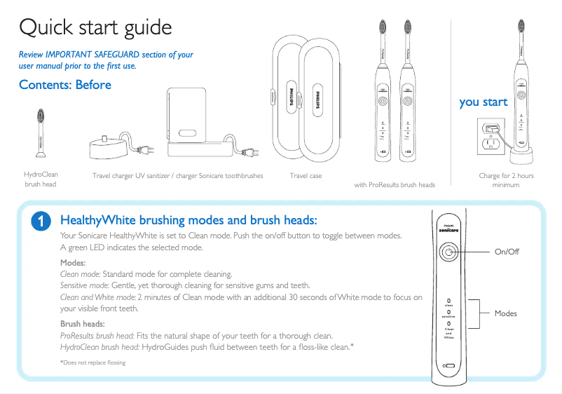 Page 1 de la notice Guide de démarrage rapide Philips Sonicare HealthyWhite HX6733