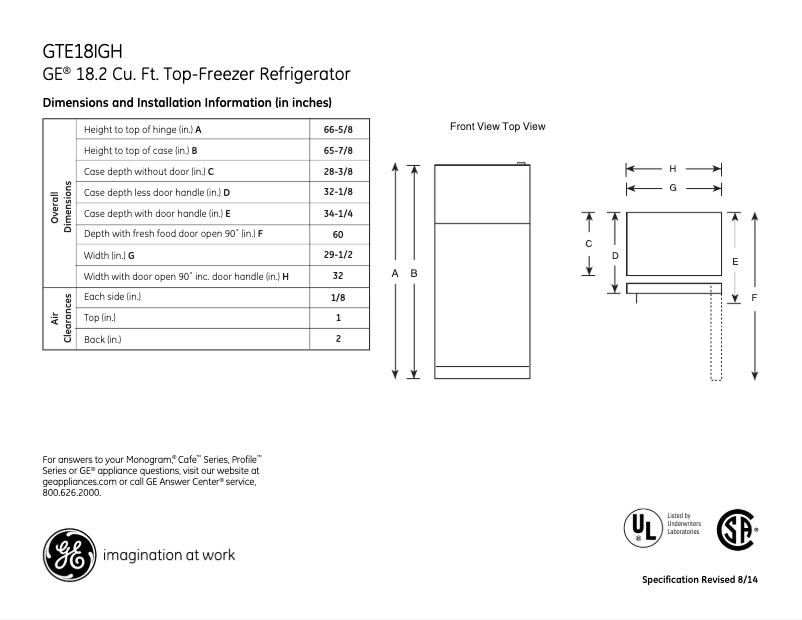 Página 1 del manual Ficha técnica GE GTE18IGHBB