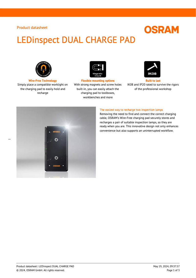 Page 1 de la notice Fiche technique Osram LEDinspect DUAL CHARGE PAD