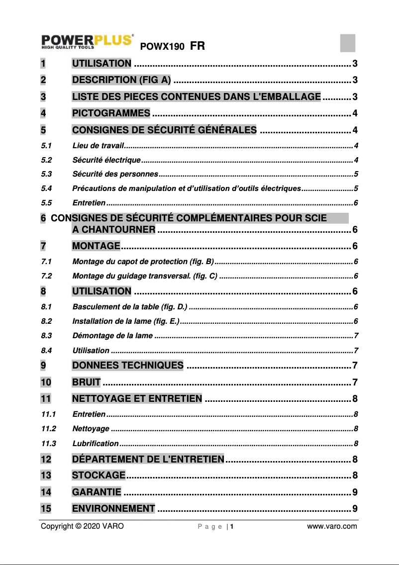 Page 1 de la notice Manuel utilisateur PowerPlus POWX190
