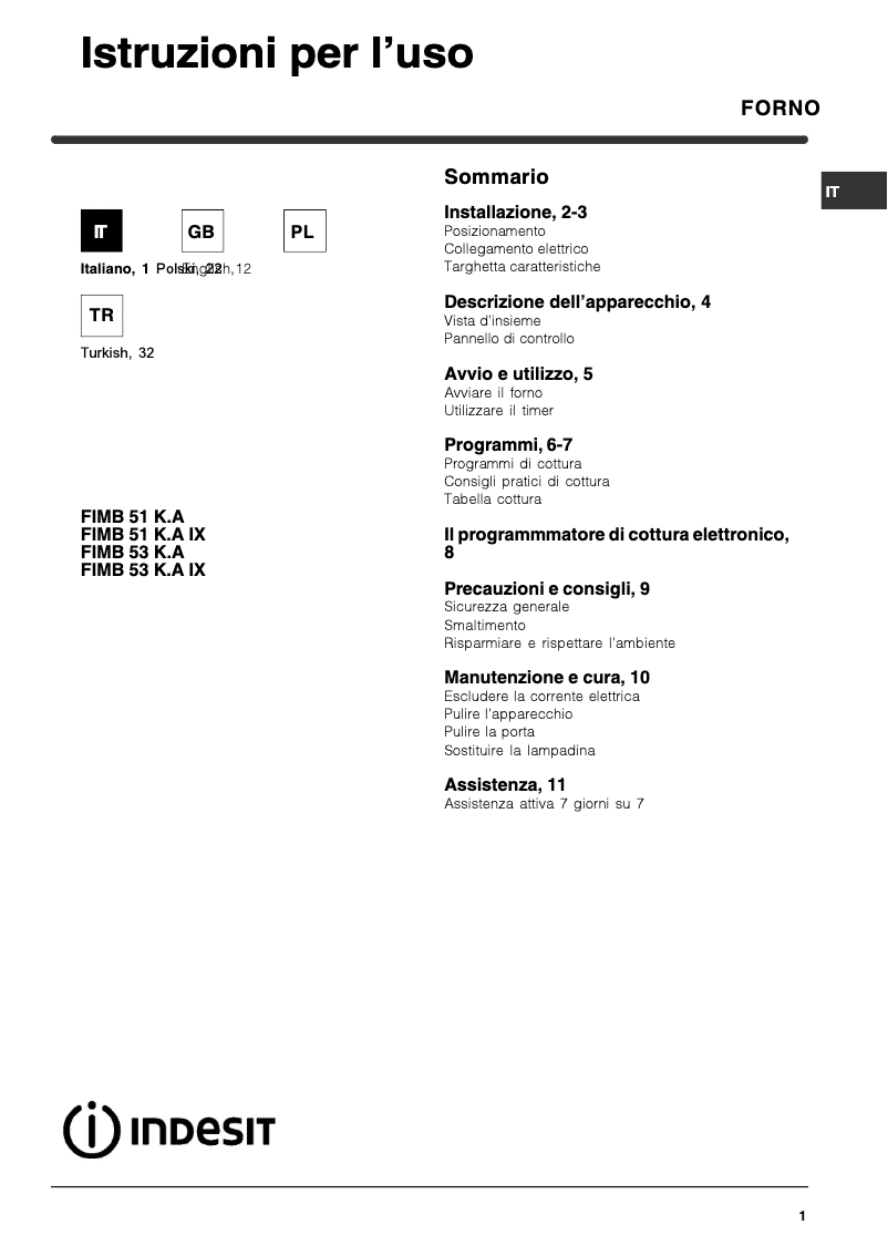 Page 1 de la notice Manuel utilisateur Indesit FIMB 53 K.A IX