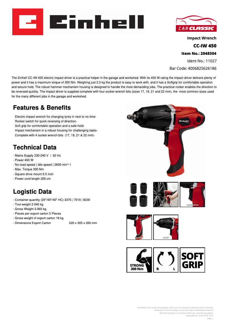Page 1 de la notice Fiche technique Einhell CC-IW 450