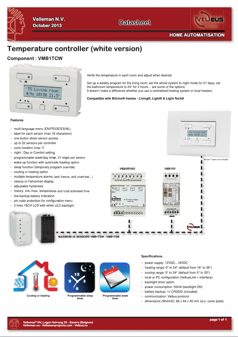 Page 1 de la notice Fiche technique Velbus VMB1TCW