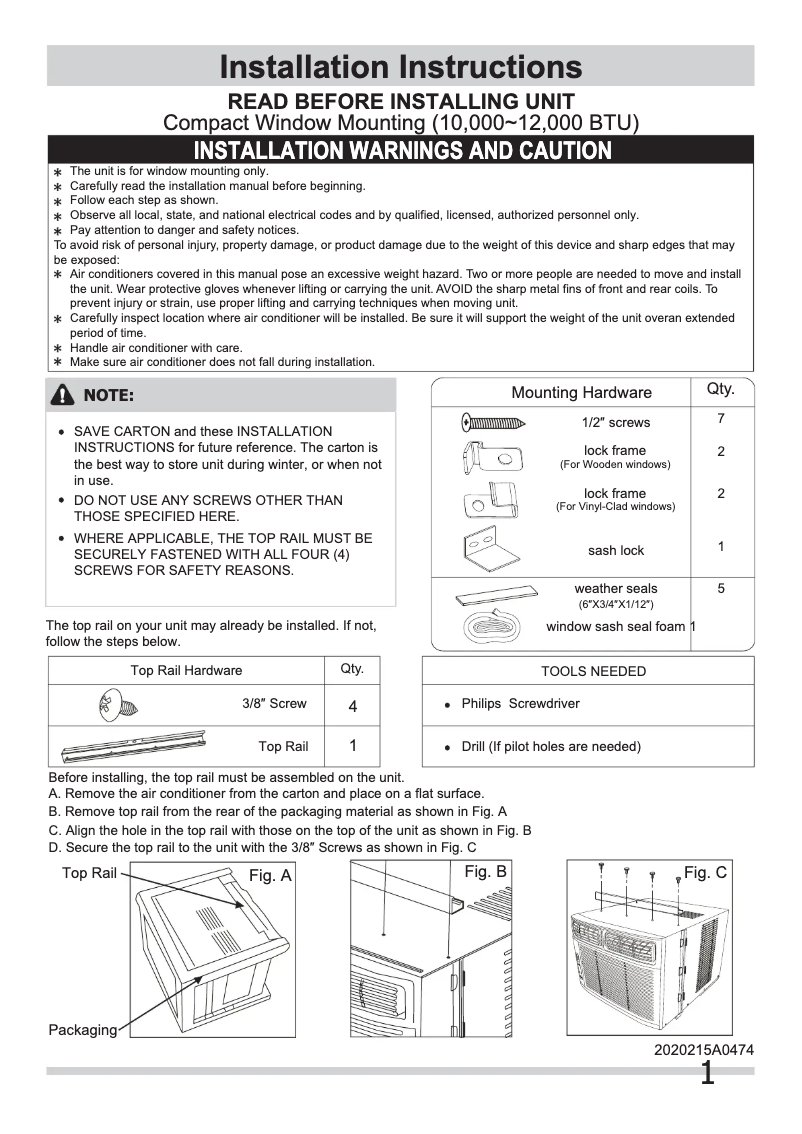 Page n°1 - Guide d'installation Frigidaire FRA106BU1