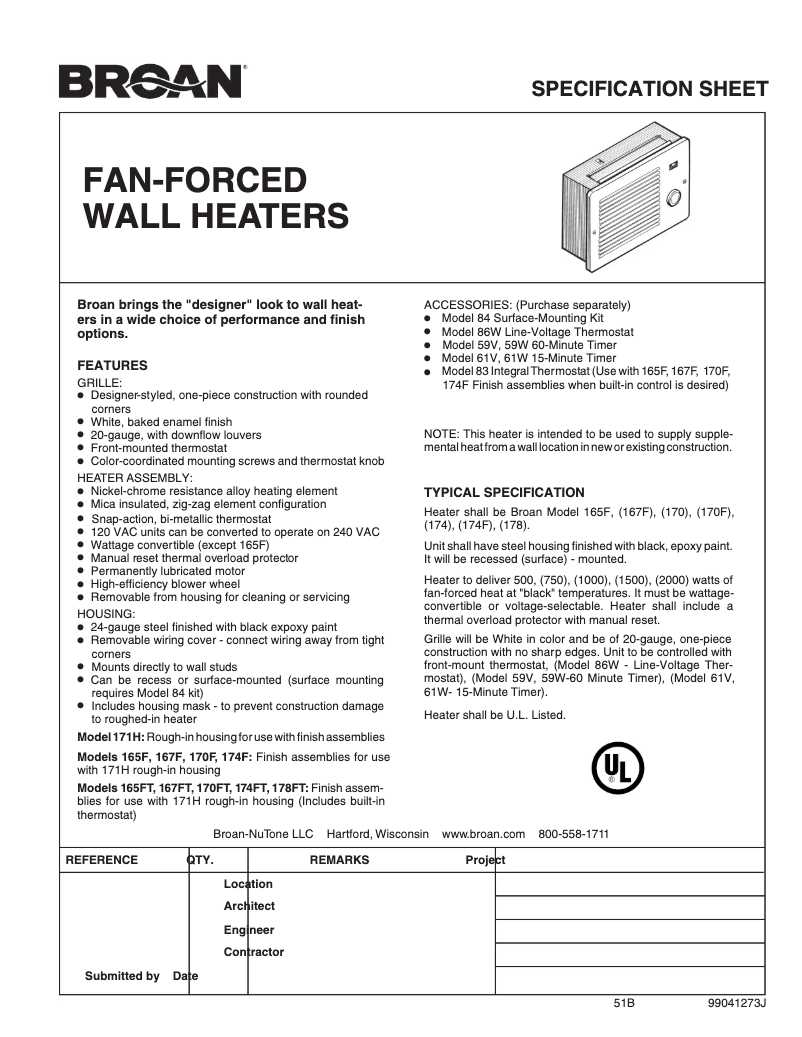 Page 1 de la notice Fiche technique Broan 170FT