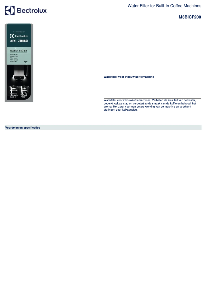 Page 1 de la notice Fiche technique Zanussi M3BICF200