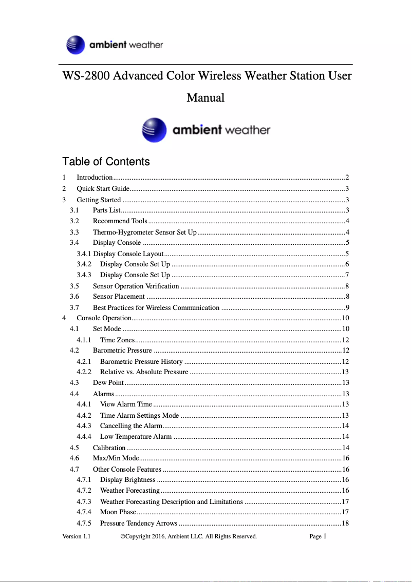 Page n°1 - Manuel utilisateur Ambient Weather WS-2800
