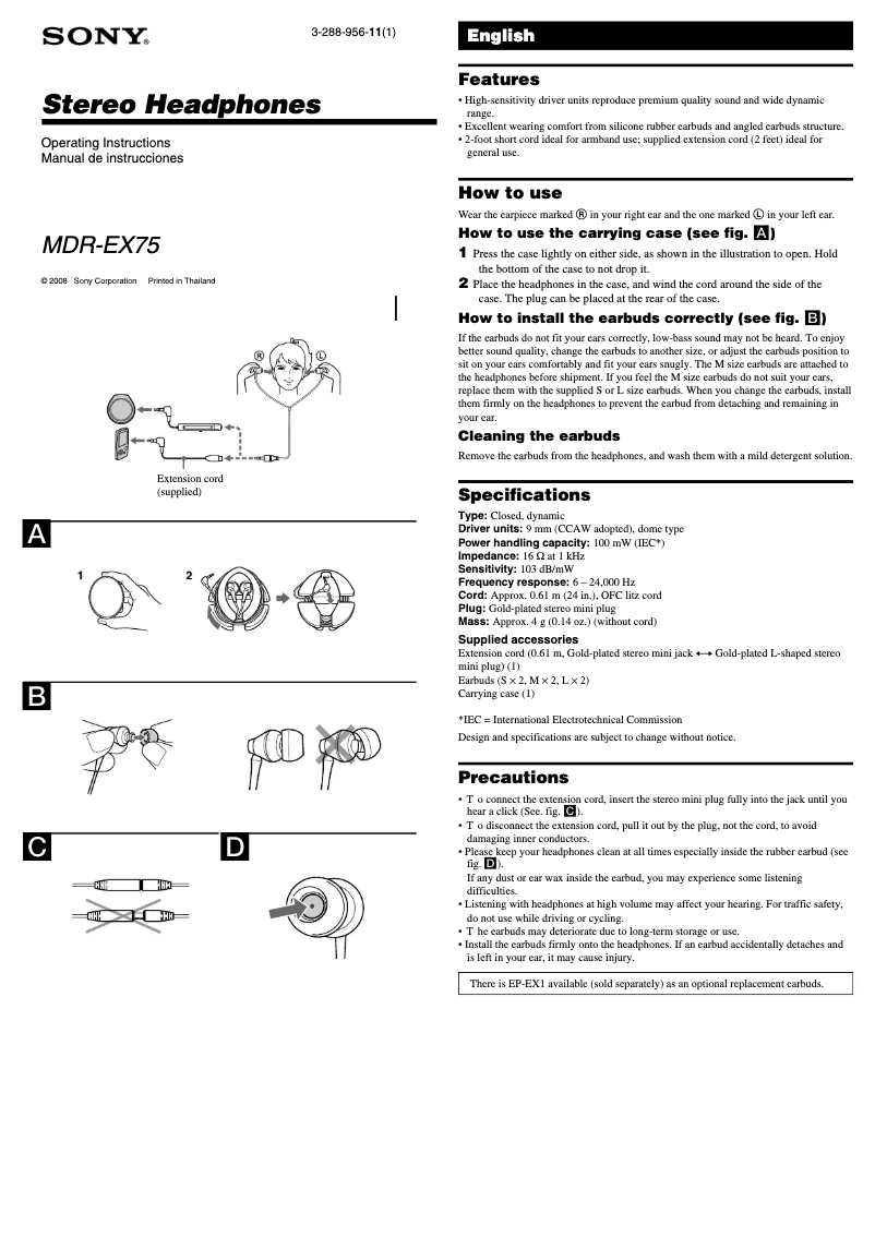 Página 1 del manual Manual de usuario Sony MDR-EX75