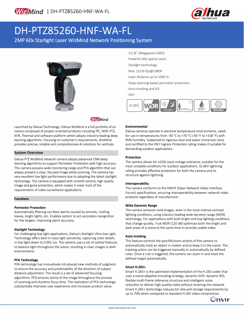 Page n°1 - Fiche technique Dahua Technology PTZ85260-HNF-WA-FL