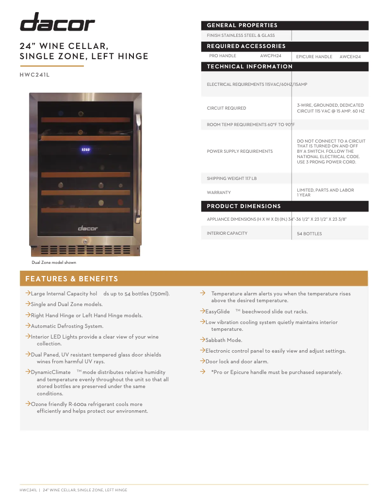 Page n°1 - Fiche technique Dacor HWC242L