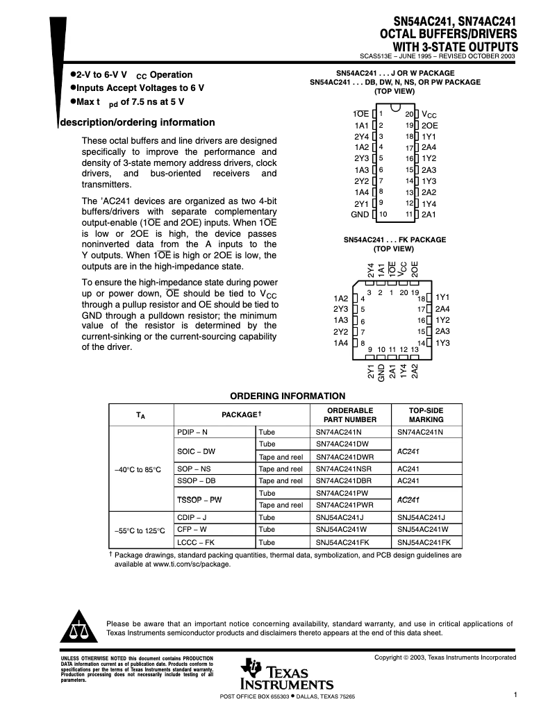 Page 1 de la notice Manuel utilisateur Texas Instruments SN74AC241PWR