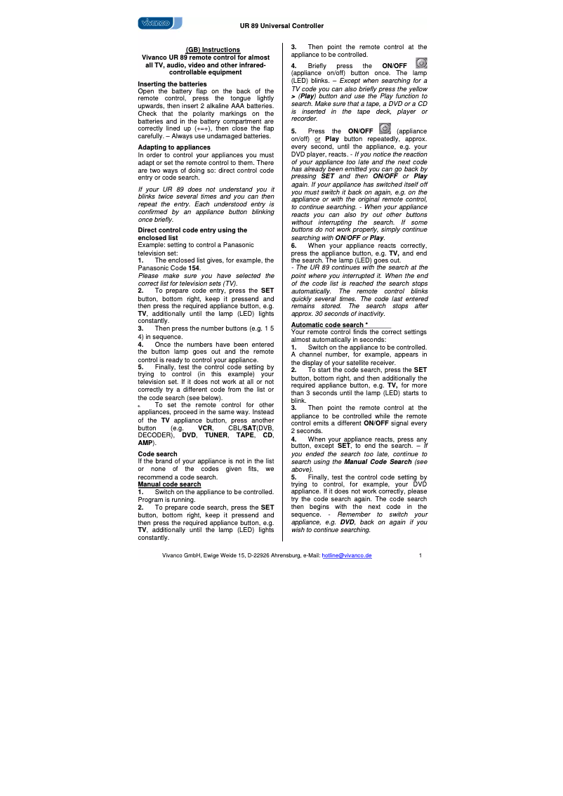 Page 1 de la notice Manuel utilisateur Vivanco UR 89